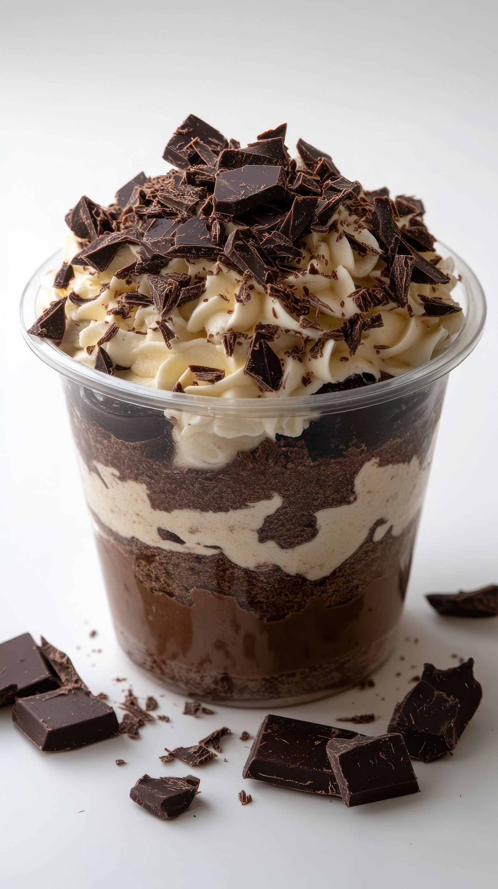 Delicious dessert featuring layers of chocolate, cream, and shaved chocolate at a dessert shop